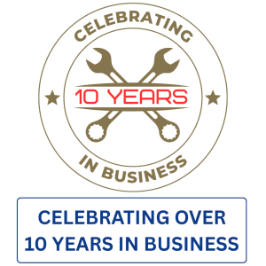 MaxFlow HVAC celebrating over 10 years in business badge with crossed wrenches