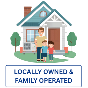 MaxFlow Locally Owned and Family Operated Badge with a house and dad and kids in front