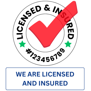 MaxFlow Licensed and Insured Badge with a large red check mark and shows license number